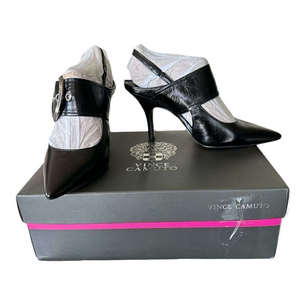 Vince Camuto Realbey Black Leather Slingback Pumps Pointed Toe Heels 5.5 NIB